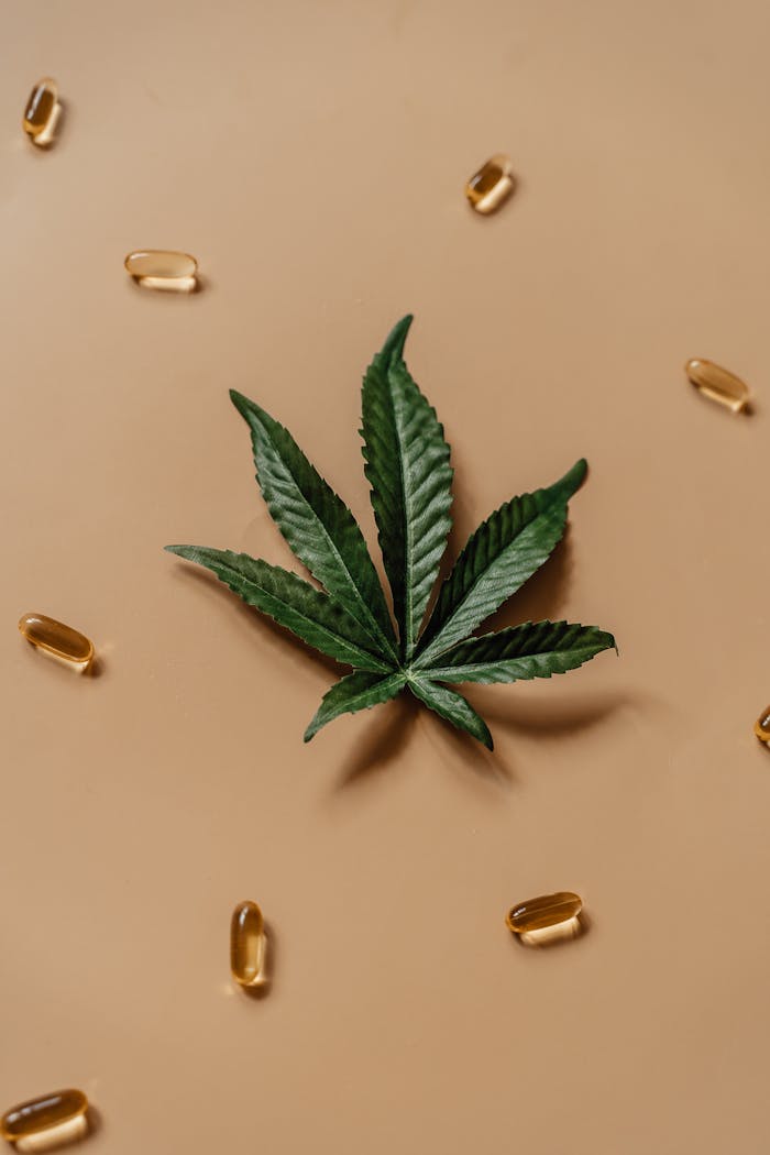 Green cannabis leaf surrounded by soft gel capsules on a brown backdrop.
