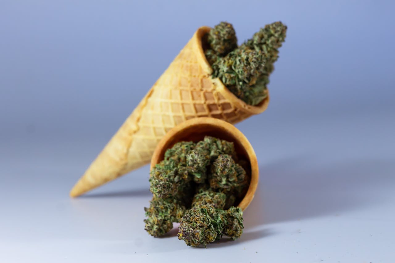 Cannabis buds displayed in ice cream cones for a unique and artistic concept.